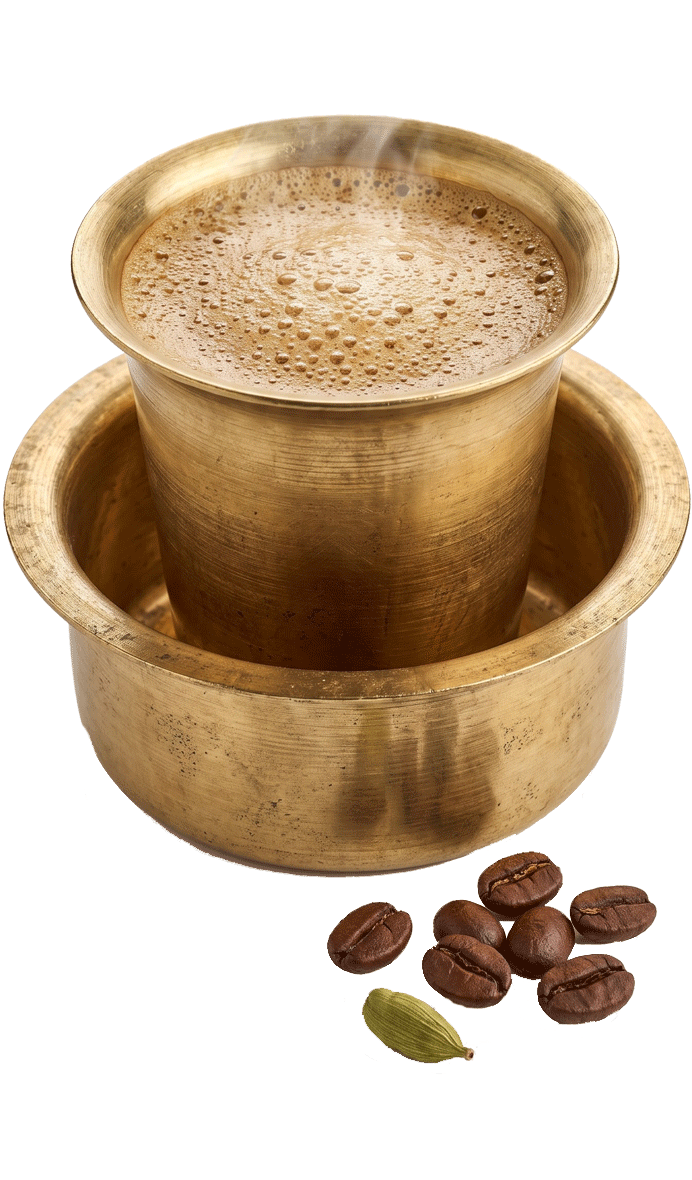 Premium stylized vector illustration of a traditional brass dabara and filter coffee set with frothy coffee.