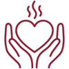 Minimalist vector icon of caring hands holding a heart with steam
