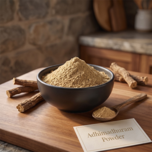 Bowl of pure adhimadhuram powder with a name tag and licorice roots