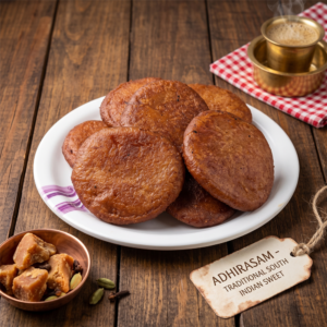 Plate of golden sweet Adhirasam traditional South Indian snack
