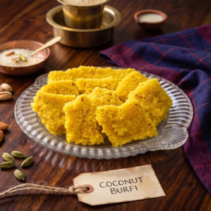 Plate of golden sweet Coconut Burfi traditional South Indian dessert