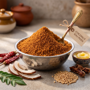 Bowl of coconut idli podi with rustic tag and fresh coconut
