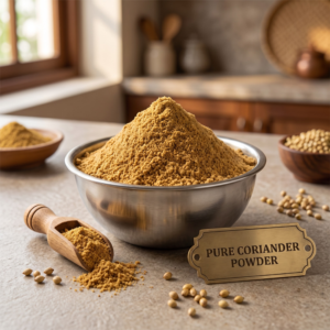 Bowl of pure coriander powder with a metallic tag and wooden scoop