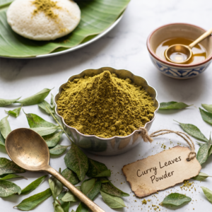 Bowl of curry leaves powder with rustic tag and fresh leaves
