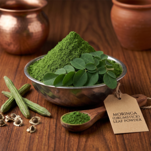 Bowl of healthy drumstick leaves powder with rustic tag