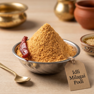 Bowl of idli milagai podi with rustic tag and sesame oil