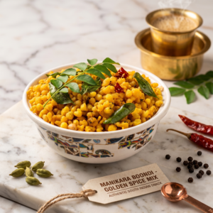 Bowl of golden crispy Manikara Boondi traditional South Indian snack