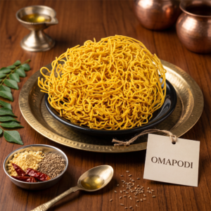 Plate of golden crispy Omapodi traditional South Indian snack
