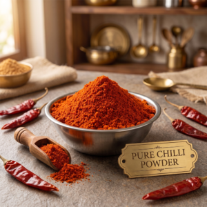 Bowl of pure chilli powder with a metallic tag and dried chilies