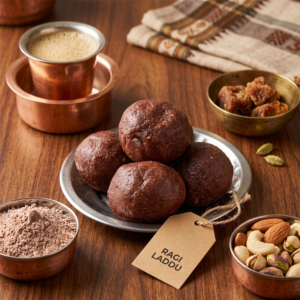 Plate of healthy sweet Ragi Laddu traditional South Indian dessert