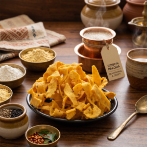 Plate of golden crispy Ribbon Pakoda traditional South Indian snack