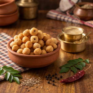 Bowl of golden crispy Seedai traditional South Indian snack