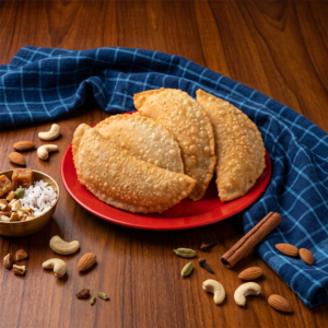 Plate of golden crispy sweet Somas traditional South Indian dessert
