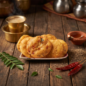 Plate of golden crispy Thattai traditional South Indian snack