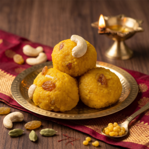 Hands breaking sweet Yellow Laddu showing the rich soft interior and cashews