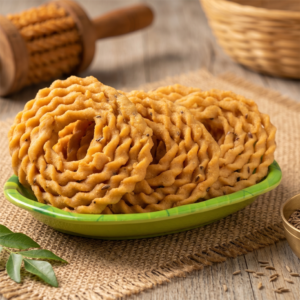 Close up of authentic golden Kai Murukku traditional South Indian snack Achu Murukku