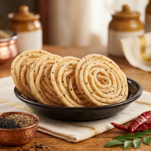 Stack of authentic golden Kai Murukku traditional South Indian snack