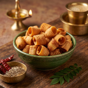 Bowl of golden crispy Seepu Murukku traditional South Indian snack