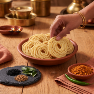 Hand picking up a piece of fresh Kai Murukku from a traditional terracotta bowl