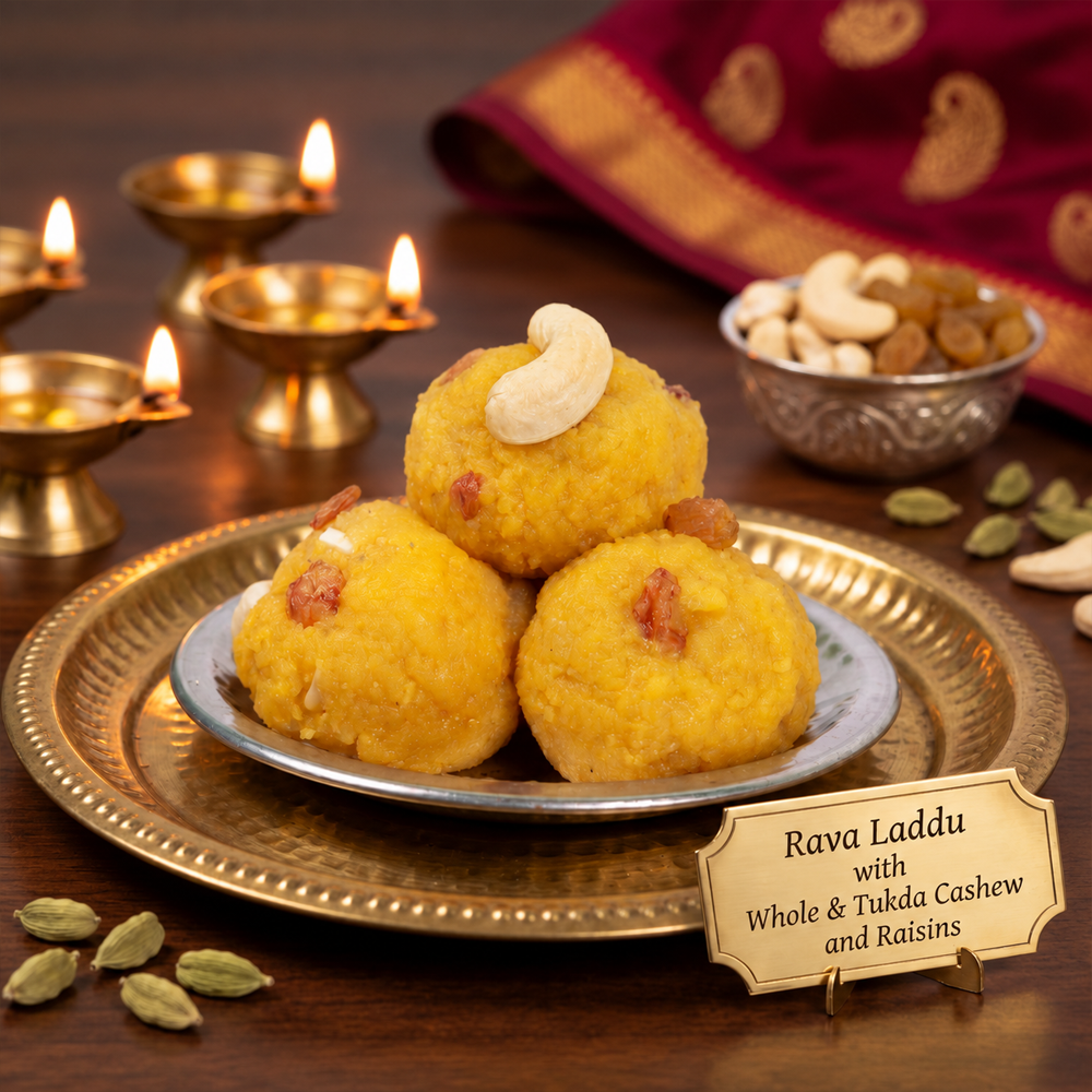 Golden Yellow Laddu served on a brass plate with oil lamps